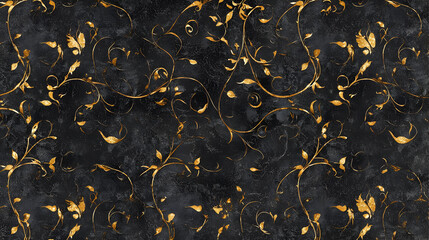 Dark background with gold floral scrolls.  Intricate gold vines and leaves on a textured black backdrop
