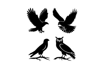 Four silhouetted birds of prey in flight and perched