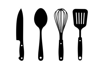 Silhouettes of essential kitchen utensils including a knife spoon whisk and spatula