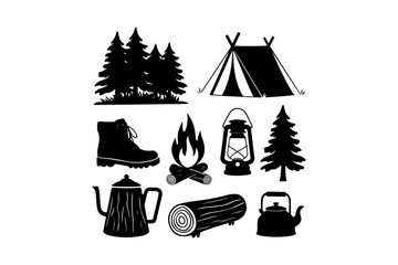 Rustic camping and outdoors adventure icons in black silhouette © Laboni
