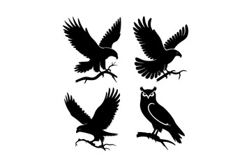 Four silhouette bird designs featuring eagles and an owl