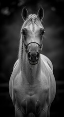 Fototapeta premium A striking black and white portrait of a horse with braided mane, facing the camera against a dark blurred background.