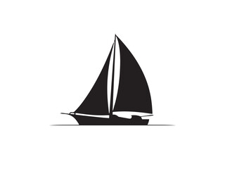 Silhouette of a single sailboat sailing on calm seas against a white background