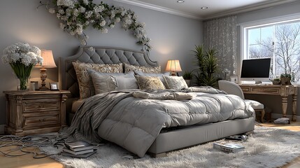 Spacious bedroom, wires on the carpet high resolution picture
