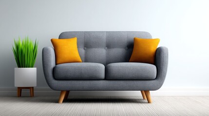 A gray couch with two orange pillows sits in front of a white wall