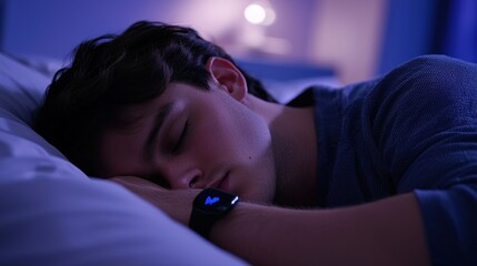Young man peacefully asleep in bed at night, wearing a fitness tracker.