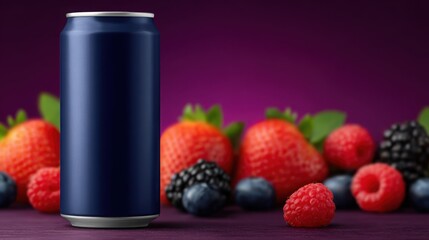 A can of soda sits on a table with a bunch of fruit