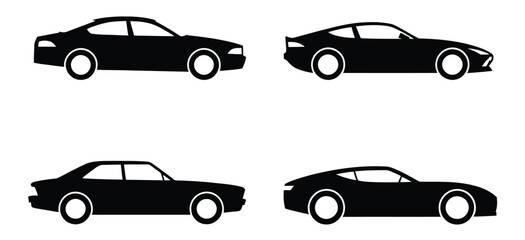  Four Black Car Silhouettes in Side Profile — Minimalist Icons of Sedan, Sport, Classic, and Modern Designs for Transport, Automotive, and Mobility Concepts
