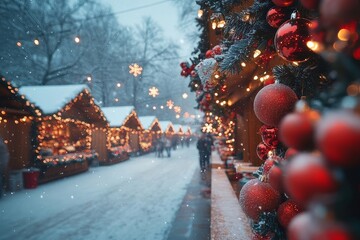 Festive winter market filled with lights and decorations during snowfall in a charming town