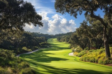 Lush green golf course under a clear sky with scattered clouds at midday