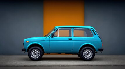 A blue car is parked on a street