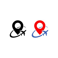 two variations of an icon symbolizing travel or air transportation, combining a location pin with an airplane &mdash; solid black icon and solid red and blue icon