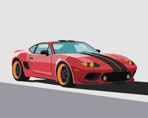 Red Sports Car with Black Racing Stripes and Rear Spoiler — Stylized Front View Illustration Emphasizing Speed, Design, and Road Presence