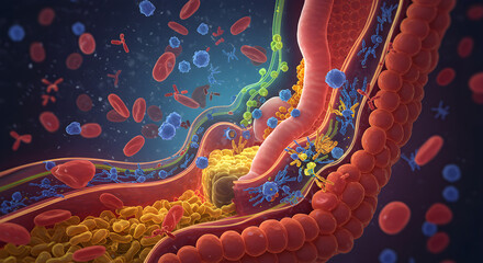 Microscopic view of blood flow and cells