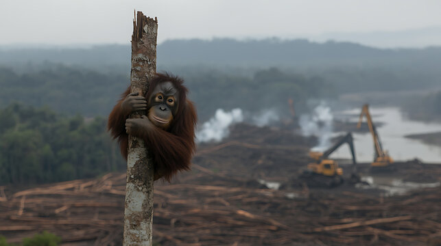 Orangutan clinging to a tree with deforestation in the background. Shows the impact of habitat loss on endangered species.