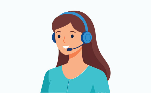 Minimal flat design vector of female telecaller with headset and mic, digital marketing or customer support agent, white background, isolated style illustration