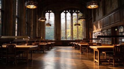 Fototapeta premium Grand interior of a classic, sunlit library with desks and towering bookshelves