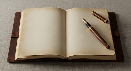 Open Blank Notebook with Brown Pen and Fountain Pen on Leather Cover in Neutral Setting