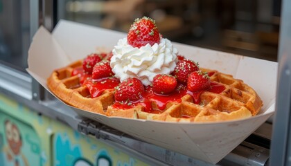 A delicious waffle topped with fresh strawberries, strawberry sauce, and whipped cream served in a paper tray.