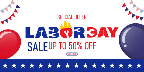 Labor Day Sale Banner Design – Up to 50% Off Red White Blue Festive Offer
