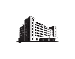 Fototapeta premium Black and white icon of a multistory building on white background