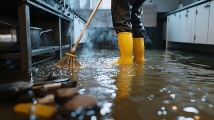 Person in yellow boots sweeping water from a flooded kitchen floor.