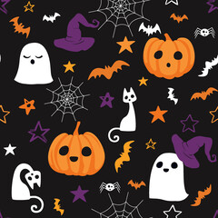 Seamless Halloween pattern with cute ghosts, pumpkins, bats, cats, spider webs, stars and witch hats on black background. Great for party decorations, fabrics, and digital papers.