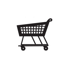 Black shopping cart icon, simple trolley illustration on white background for design