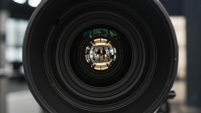 Extreme close-up of a camera lens with visible reflections of a studio. Represents photography, videography, focus, or media production in a modern professional setting.