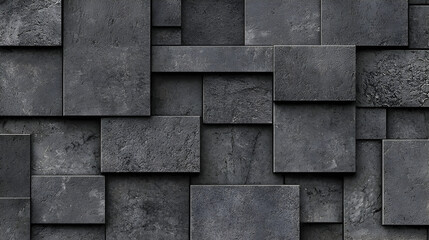 Dark gray, textured, square tiles create a mosaic effect.  Interlocking, rectangular shapes with uneven surfaces, form a repeating pattern.  A strong, geometric and industrial aesthetic