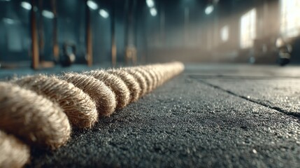 Fototapeta premium Close-up of a thick training rope on a gym floor