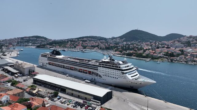 Aerial View of Cruise Liner in Dubrovnik Harbor with Scenic Townscape
