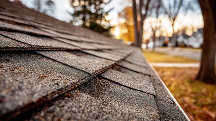 Close-up of a weathered gray shingle roof, autumnal blurred background