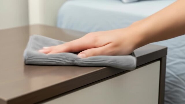 Efficient handcleaning routine on wooden surface using a gray cloth for sparkling results