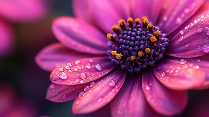 Vibrant purple daisy flower showing dew drops and pollen