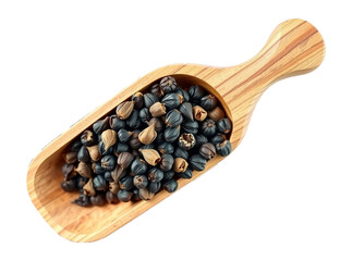 black pepper in a wooden scoop  isolated on a white, transparent background