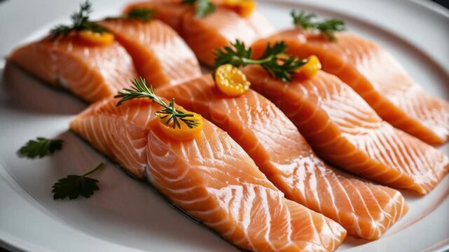 Fresh salmon fillets served on a clean white plate, ideal for food photography or advertising healthy eating