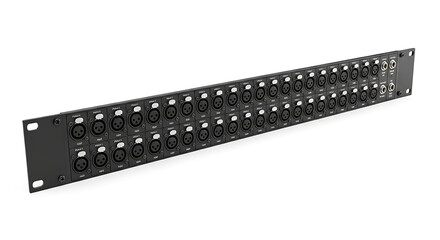 Obraz premium A black audio patch panel with xlr and trs connectors on a white background in a studio setting ai generated