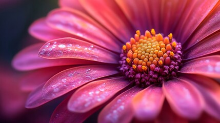 Vibrant pink daisy flower showing dew drops and pollen