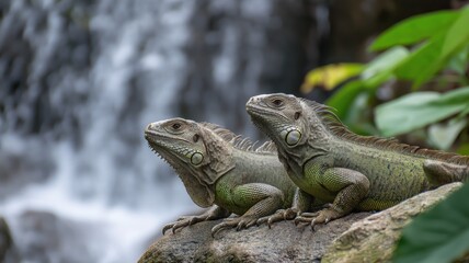 Fototapeta premium Two green iguanas relax on a rock beside a waterfall surrounded by lush vegetation.