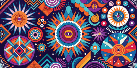 Colorful ethnic patterns on a black background, showcasing intricate designs and rich hues..eps