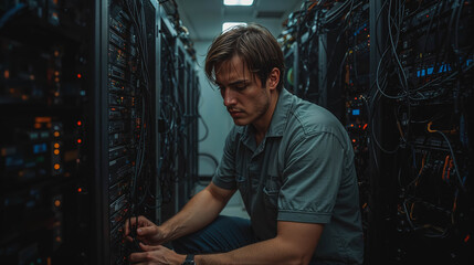 Technician Managing Cables in Server Room