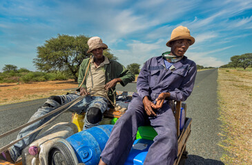 donkey cart on the road, africa water shortage, people carry water between villages with plastic containers