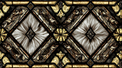 Ornate stained glass pattern,  exhibiting a repeating diamond shape in muted tones of brown, gold, and white. Intricate details and flowing lines