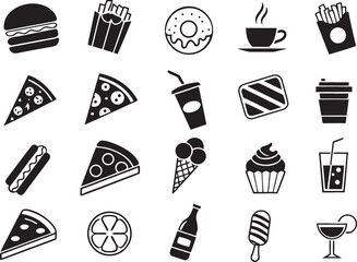 Food and Beverage Silhouette Icons Set on White Background  Vector Collection

