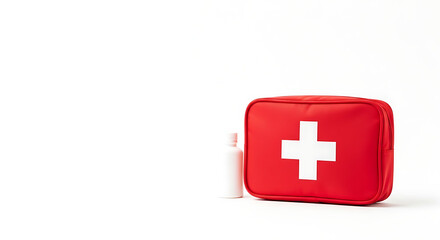 Obraz premium A red first aid kit bag with a white cross and a small white bottle on a white background surface ai generated