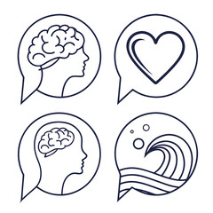 Brain Heart and Wave Icons in Speech Bubbles.