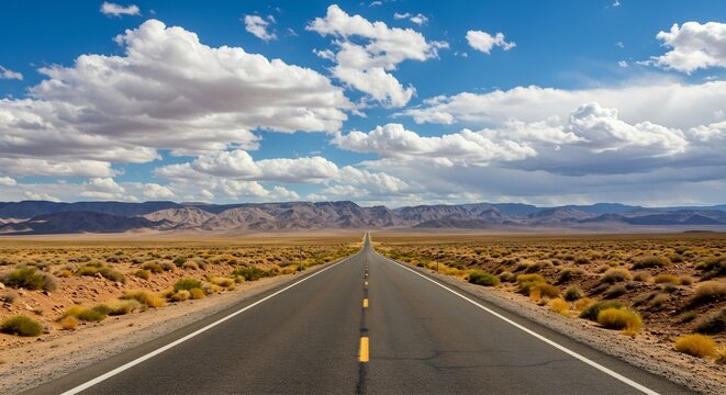 Endless Asphalt Road Through Desolate Desert Landscape Under a Cloudy Sky, Nevada, USA