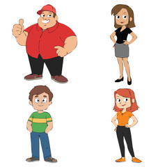 Cartoon family portrait featuring a father, mother, son, and daughter standing in a group together smiling