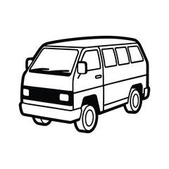 A simple black and white line drawing of a classic van, viewed from the front three-quarter angle.